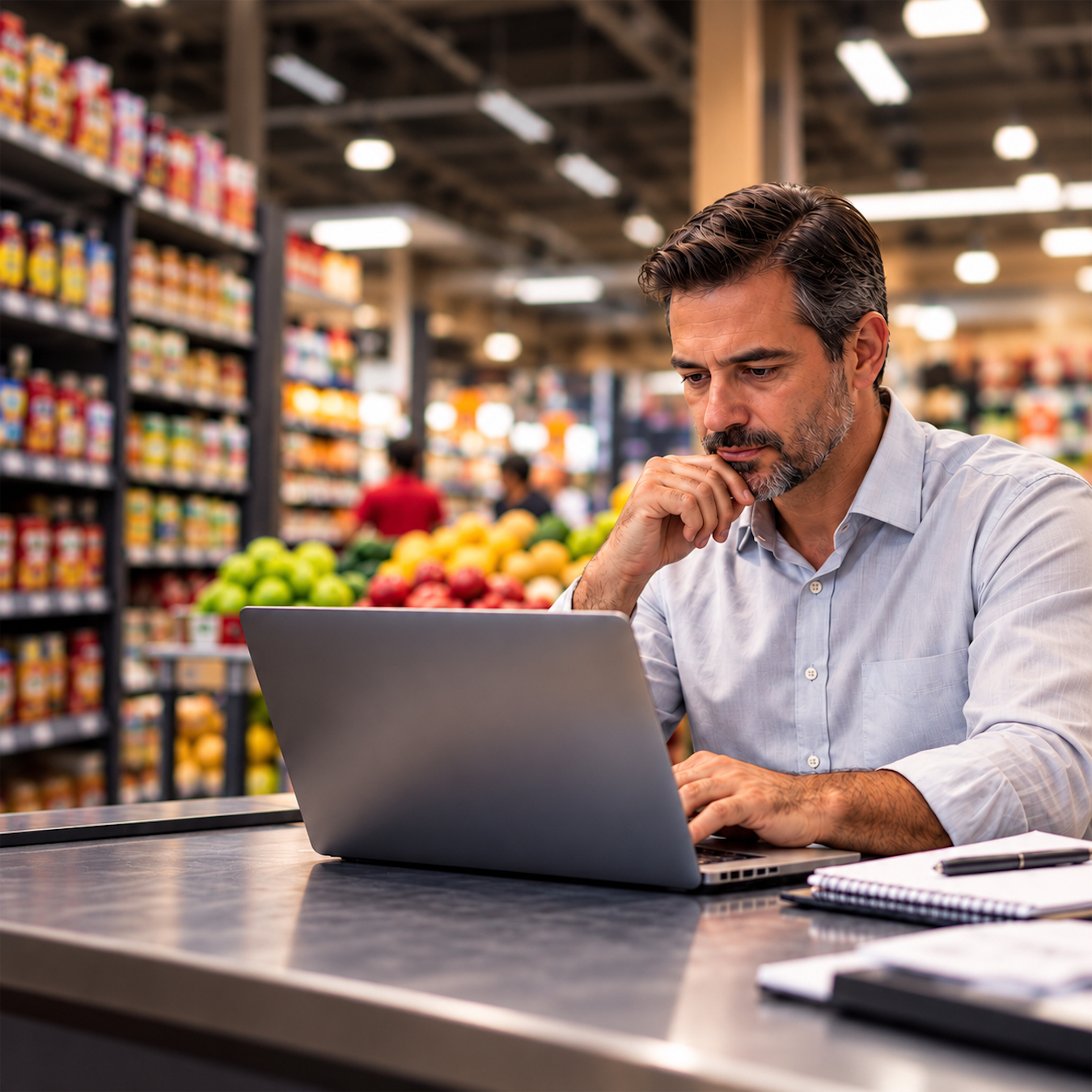 Homem pensativo com laptop no supermercado_converted